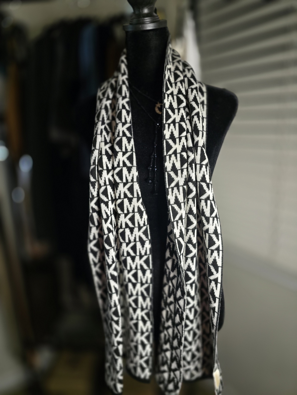 Michael Kors Black & White MK Logo Long Knit Scarf